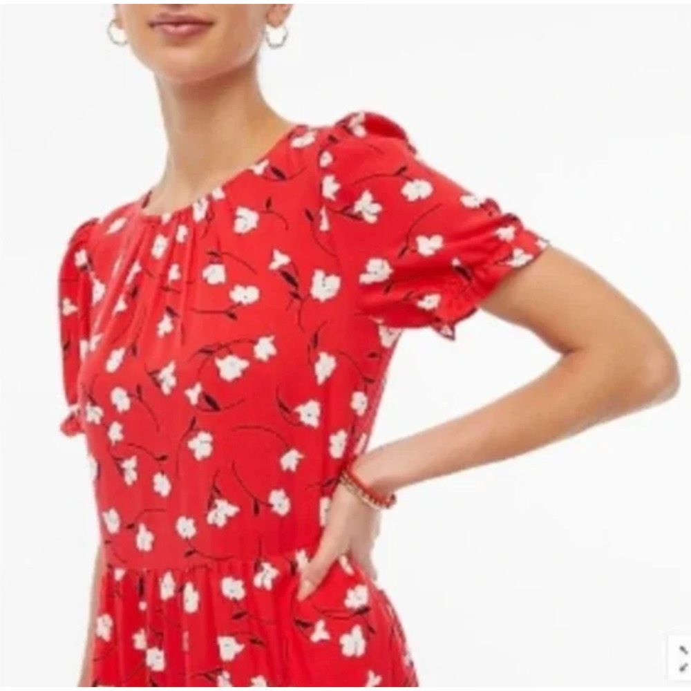 J. Crew Floral Puff-Sleeve Tiered Midi Dress Red BF865 Size L - Picture 3 of 14